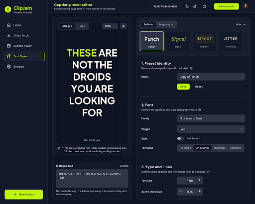 ClipJam caption preset editor interface